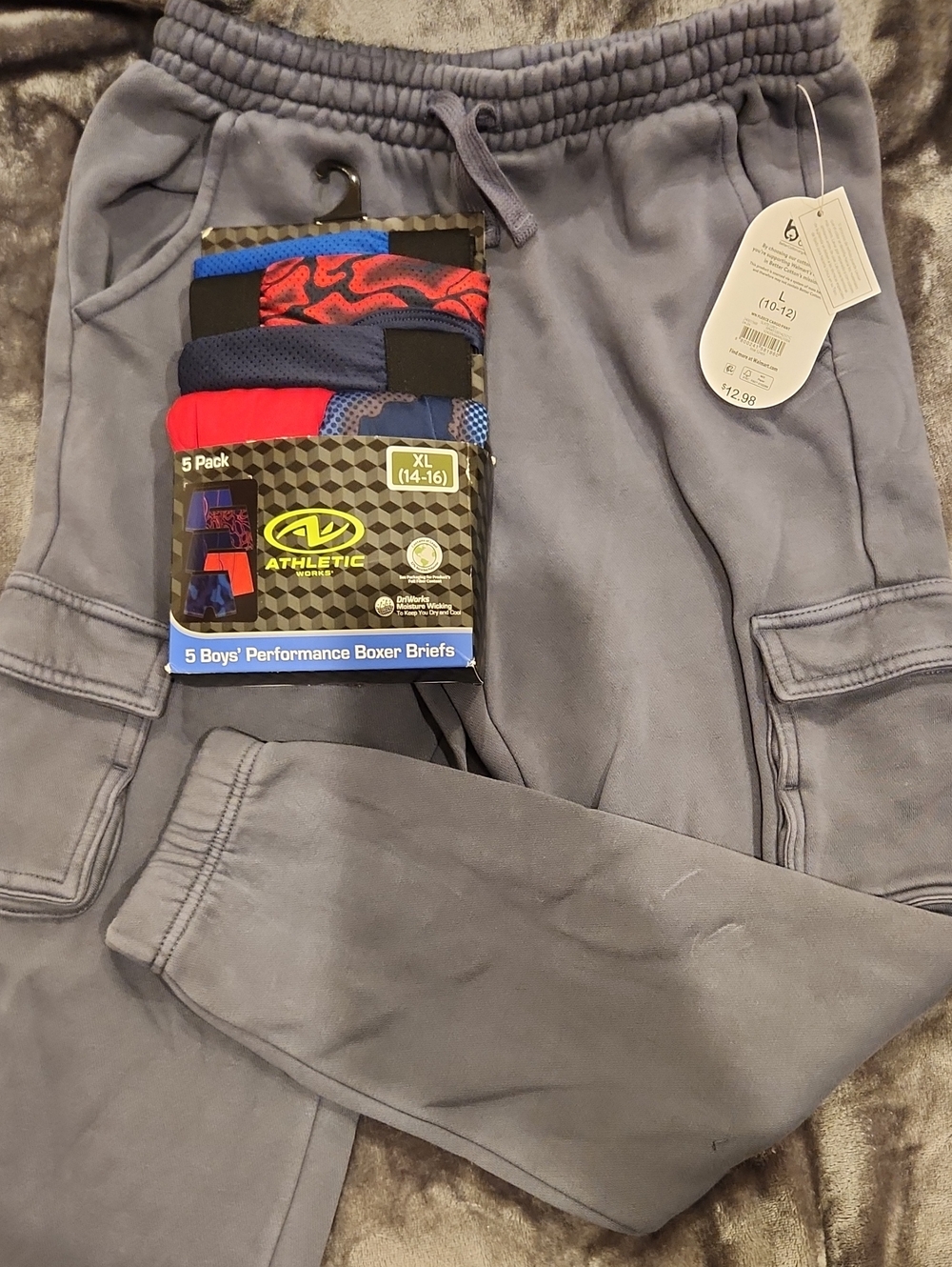 Athletic Works Boys Gray Cargo Sweatpants with Elastic Waist & Pack Of XL Boxers